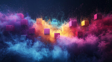 Abstract fragmented cube forms dissolving into colorful vapor across dark horizon, 8K Hyperrealistic