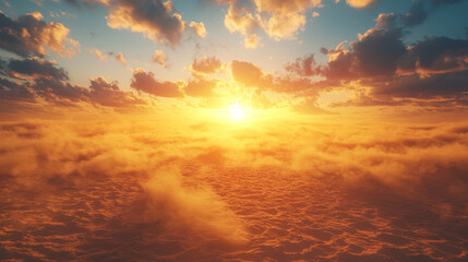 Fine golden dust blowing across warm pastel skies creating dreamy endless sunset desert abstraction, 8K Hyperrealistic
