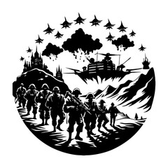Obraz premium Download Captaining Scenery With Army Usa Silhouette Vector Illustration White Background Svg File For Design.
