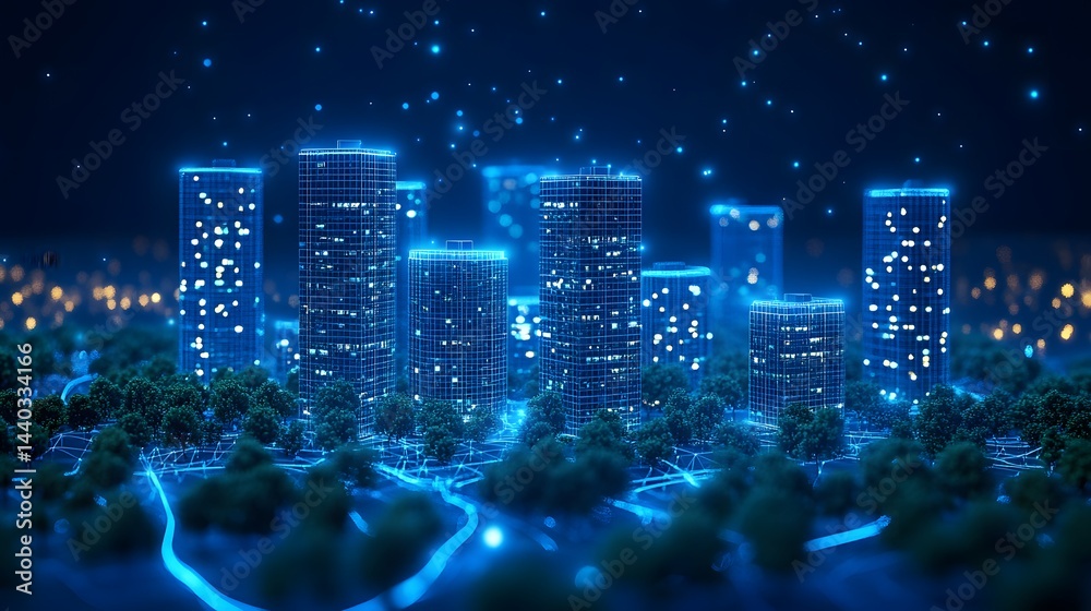 Poster Futuristic cityscape with vibrant blue wireframe skyscrapers and glowing lines weaving through lush green trees. Bokeh lights mimic stars in the dark sky. Abstract wireframe in dark blue.