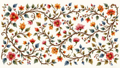 A intricate watercolor painting depicting traditional European floral scrolls with delicate, flowing leaves, vines, and flowers intertwined in elegant patterns.