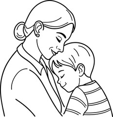 Minimal Vector Line Drawing of Mother Hugging Son, Suitable for elegant wall art or minimalist prints.