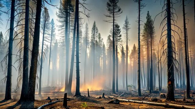 Smoke and Flames Linger in a Desolate Forest After a Devastating Wildfire
