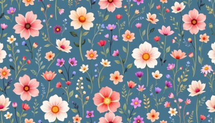 Fototapeta premium A delicate watercolor flower meadow seamless pattern featuring a variety of whimsical florals in pastel shades, creating a charming and whimsical design.