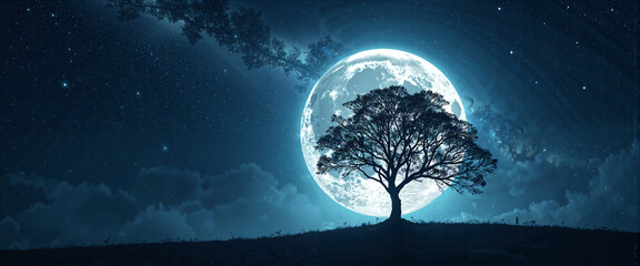Serene Nightscape Lone Tree Silhouetted Against a Giant Full Moon and Starry Sky