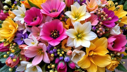 Fototapeta premium A vibrant bouquet of various seasonal florals including tulips, daffodils, and cherry blossoms, creating a beautiful symphony of colors and scents that represent the changing seasons.