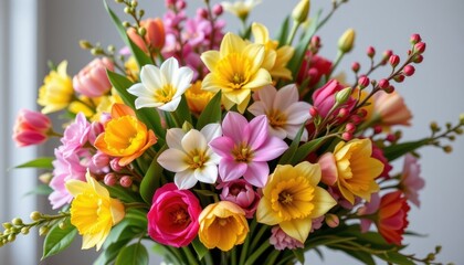 A vibrant bouquet of various seasonal florals including tulips, daffodils, and cherry blossoms, creating a beautiful symphony of colors and scents that represent the changing seasons.