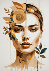 portrait of a woman with golden leaves, creative abstract luxury and elegance