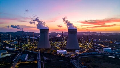 Aerial View of Industrial Complex at Sunset with Cooling Towers and Smoke