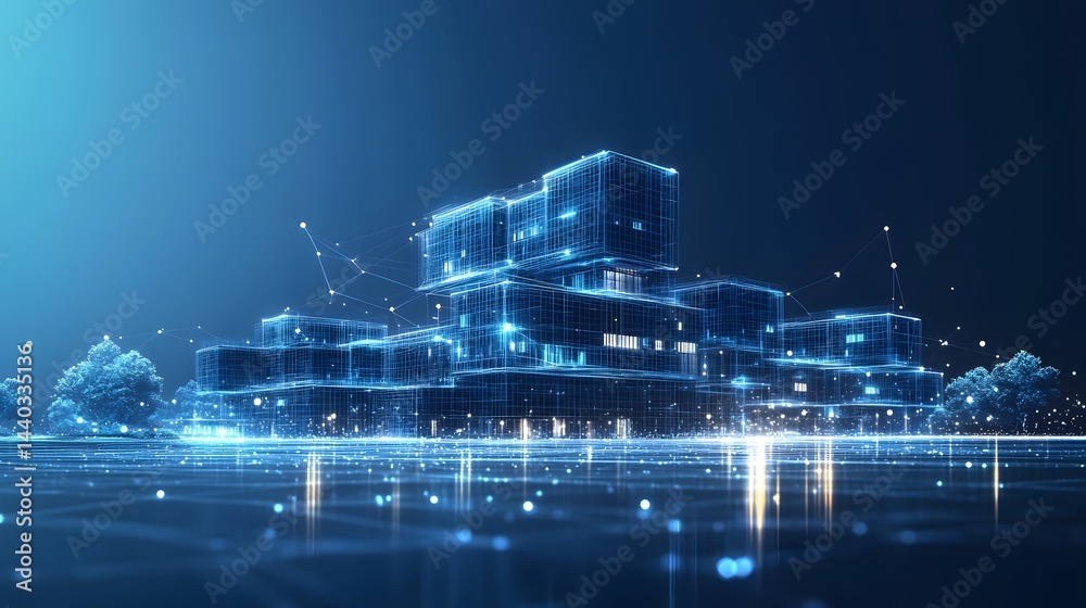 Aufkleber futuristic cityscape glows with neon-blue light against a dark backdrop. wireframe buildings and ref