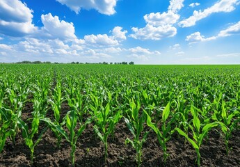 Lush Green Corn Field Under Vast Blue Sky with Fluffy White Clouds in Bright Daylight Perfect for Agricultural, Nature, and Landscape Photography