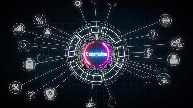 Glowing Business, technology, internet and network concept. Virtual screen of the future and sees the inscription: Customization black background