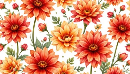 A beautiful seamless pattern depicting vibrant chrysanthemum flowers in various shades of orange, red, and yellow, painted in a delicate watercolor style, perfect for capturing the essence of autumn.