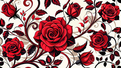 Very beautiful dark floral background with red roses and decorative vines white background 