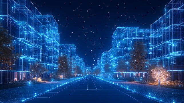 Futuristic city at night showcases wireframe buildings, luminous streets, and star-speckled skies. Organic trees blend with technological lines. Dreamlike ambiance. Abstract wireframe in dark blue.