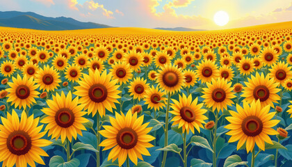 A vibrant and colorful painting of a vast sunflower field covered in golden blooms, with a soft and dreamy watercolor texture that brings the scene to life.