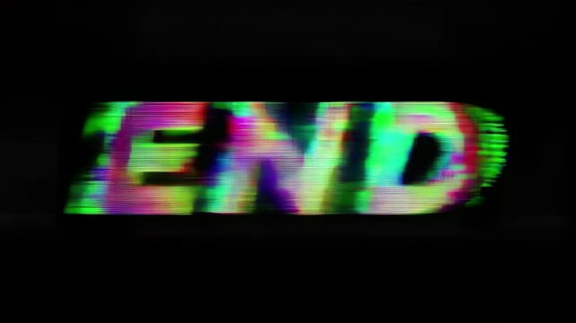 Glitch effect text animation displaying the word 'END' with vibrant, distorted colors creating a dramatic visual impact against a black background