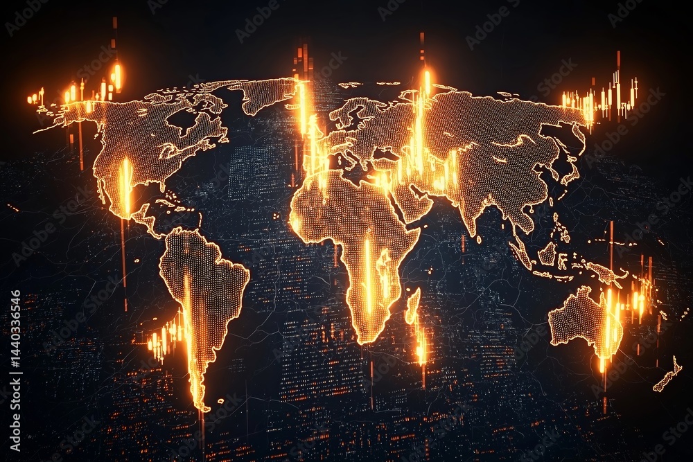 Aufkleber Global data visualization map with glowing orange lines and digital spikes over a dark futuristic background, showing technological connectivity, Generative AI