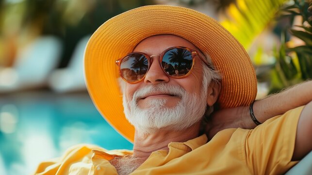 Senior sun protection concept emphasizing skin care with relaxation and summer vibes for health awareness designs