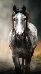 Obraz premium Majestic grey horse galloping through a misty field at sunset in a serene rural landscape