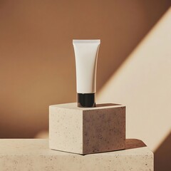 Cream tube mockup with sunlit stone.