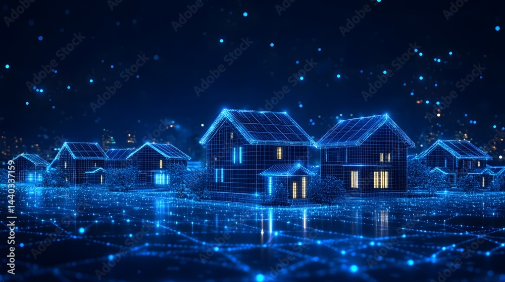 Poster futuristic suburban scene at night. houses glow blue, creating a digital ambiance. a grid-like groun