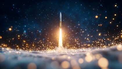 A sleek rocket ascends, leaving a fiery trail amidst a sparkling, cloud-like landscape under a dark, starry sky