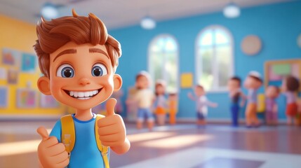 Student, A cartoon boy is giving a thumbs up in a classroom