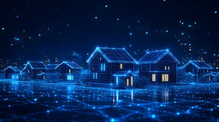 Futuristic suburban scene at night. Houses glow blue, creating a digital ambiance. A grid-like ground and a cityscape enhance the modern feeling. Abstract wireframe in dark blue.