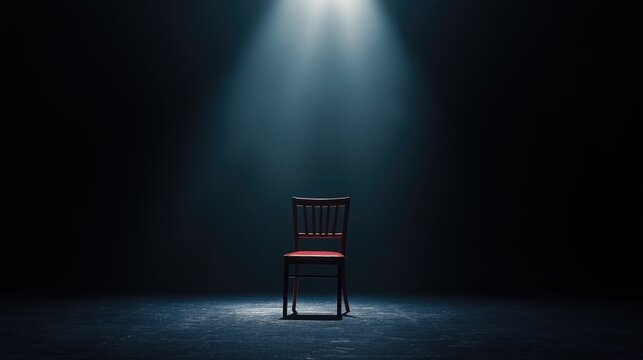Red wooden chair under a spotlight on a dark background.