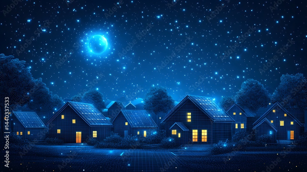 Aufkleber a tranquil nighttime neighborhood scene, bathed in moonlight. houses glow with warm light, creating 