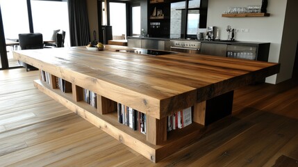 Wooden kitchen island with integrated shelving for cookbooks