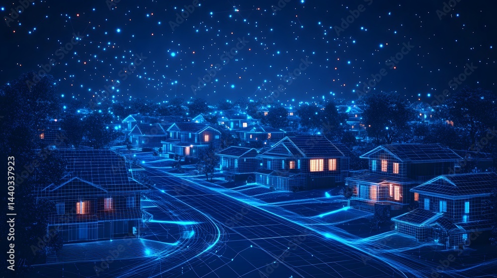 Poster A futuristic neighborhood glows with warm window light against a cool, wireframe backdrop. Roads and trees are stylized in digital lines, creating a captivating scene. Abstract wireframe in dark blue.
