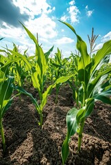 Obraz premium Lush Green Cornfield Under Bright Blue Sky with Fluffy Clouds, Vibrant Vegetation on Farm, Agriculture Landscape in Impressive Natural Setting