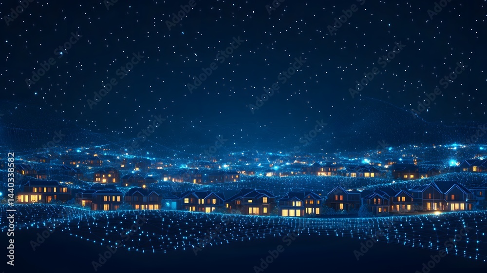 Poster night scene featuring houses under a starlit sky, overlaid with a luminous blue digital network symb