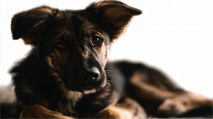 Domestic dog portrait, sitting and looking at the camera indoors, isolated on a transparent background.