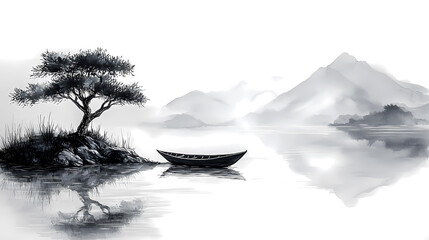 Landscape Lake view of Mountain, Tree, Grass, and Boat On the River. Black and White Ink Painting. Pencil Painting © PREMIUM NEW IMAGE