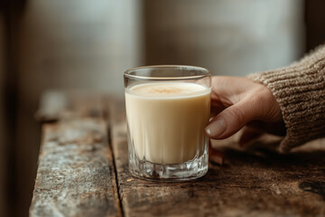 Glass of Creamy Oat Milk. A hand holds a glass of creamy oat milk, resting on a rustic wooden surface. The warm, inviting light enhances the drink's rich color.