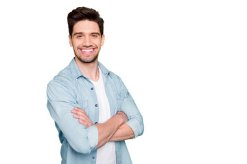 Photo of amazing business guy in excited mood with crossed hands looking forward to start working...