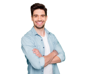 Photo of amazing business guy in excited mood with crossed hands looking forward to start working day wear casual denim shirt isolated over green color background