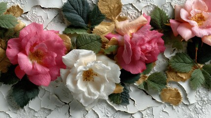 Vibrant Floral Arrangement Featuring Pink White and Gold Roses on a Textured Background