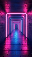 Bright neon lights illuminate a corridor with vibrant colors creating a futuristic atmosphere in a modern setting