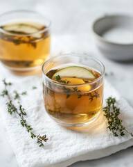 Fototapeta premium Cold brew tea with green apple slice and thyme sprigs served in clear glass on white cloth, refreshing drink with natural ingredients and soft light ambiance
