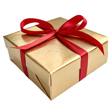 Gold Gift Box with Red Ribbon: Perfect for Holidays and Celebrations isolated on transparent background