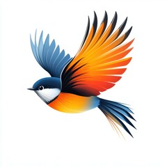 Obraz premium Colorful bird in flight showcasing vibrant blue, orange, and black feathers against a white background