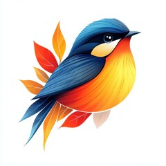 Obraz premium Colorful bird illustration with autumn leaves in vibrant shades of blue, orange, and yellow captured in a creative design