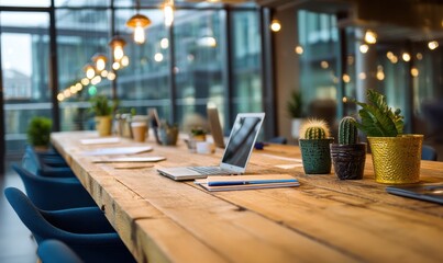 Modern Coworking Space with Laptop and Plants