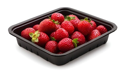 Fresh, ripe strawberries in a dark plastic container, isolated on white