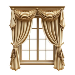 The curtains are gold and white and are draped over the window. The window is white and has a lot of light coming in