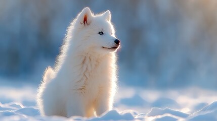 Fototapeta premium White Puppy Sitting in Snow Looking Away with Blue Eyes